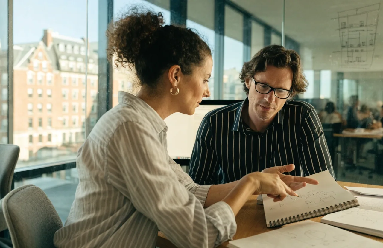 Designer and engineer comparing flows side by side at a shared desk