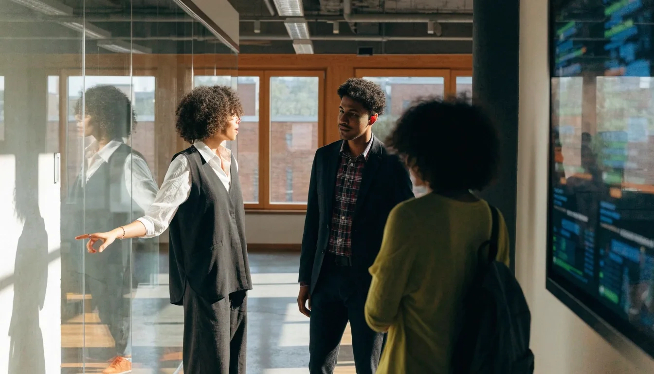 Developers and a designer reviewing a layout together at a shared table