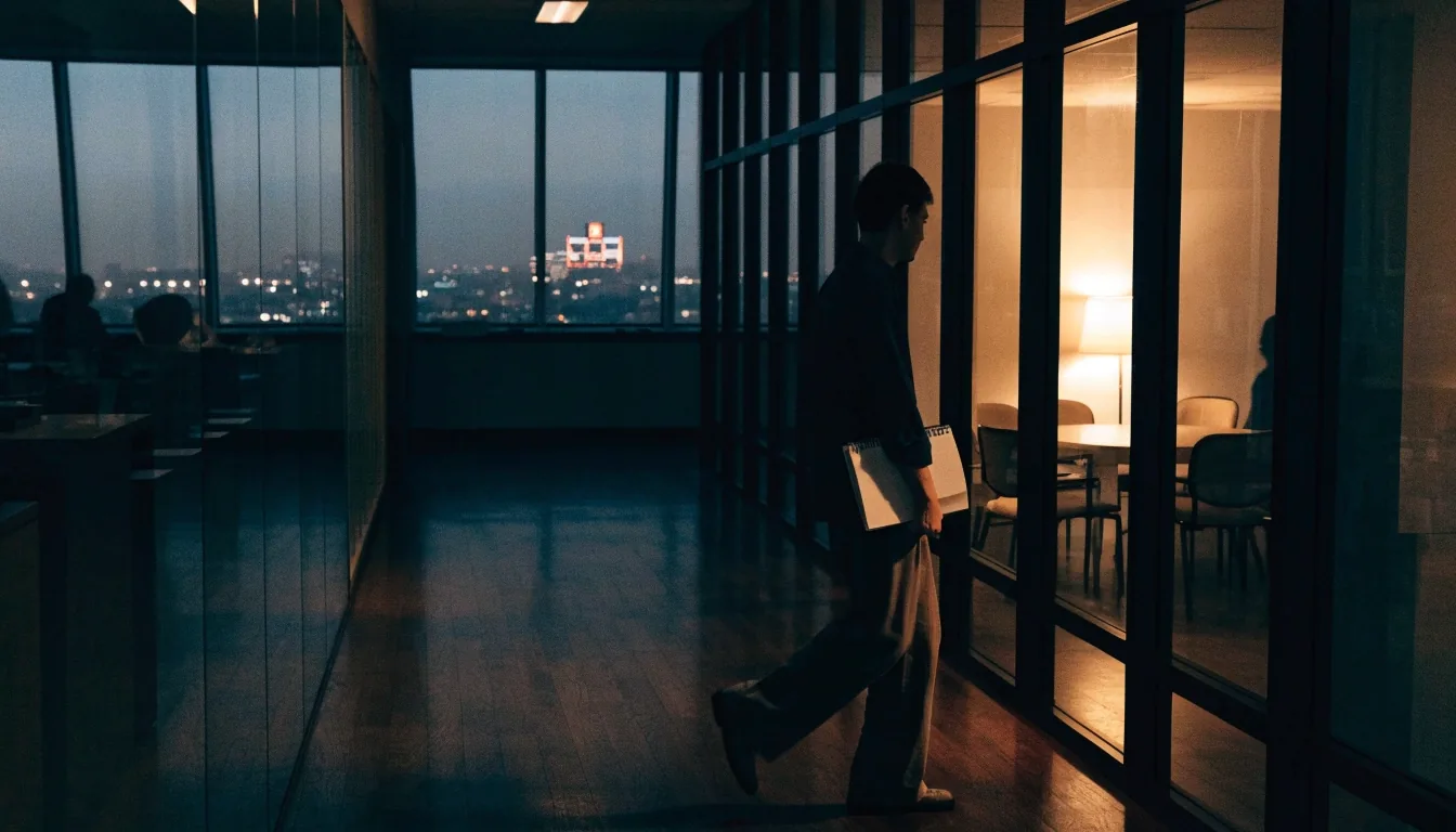 Quiet conference room in Boston at dusk with city lights outside the windows