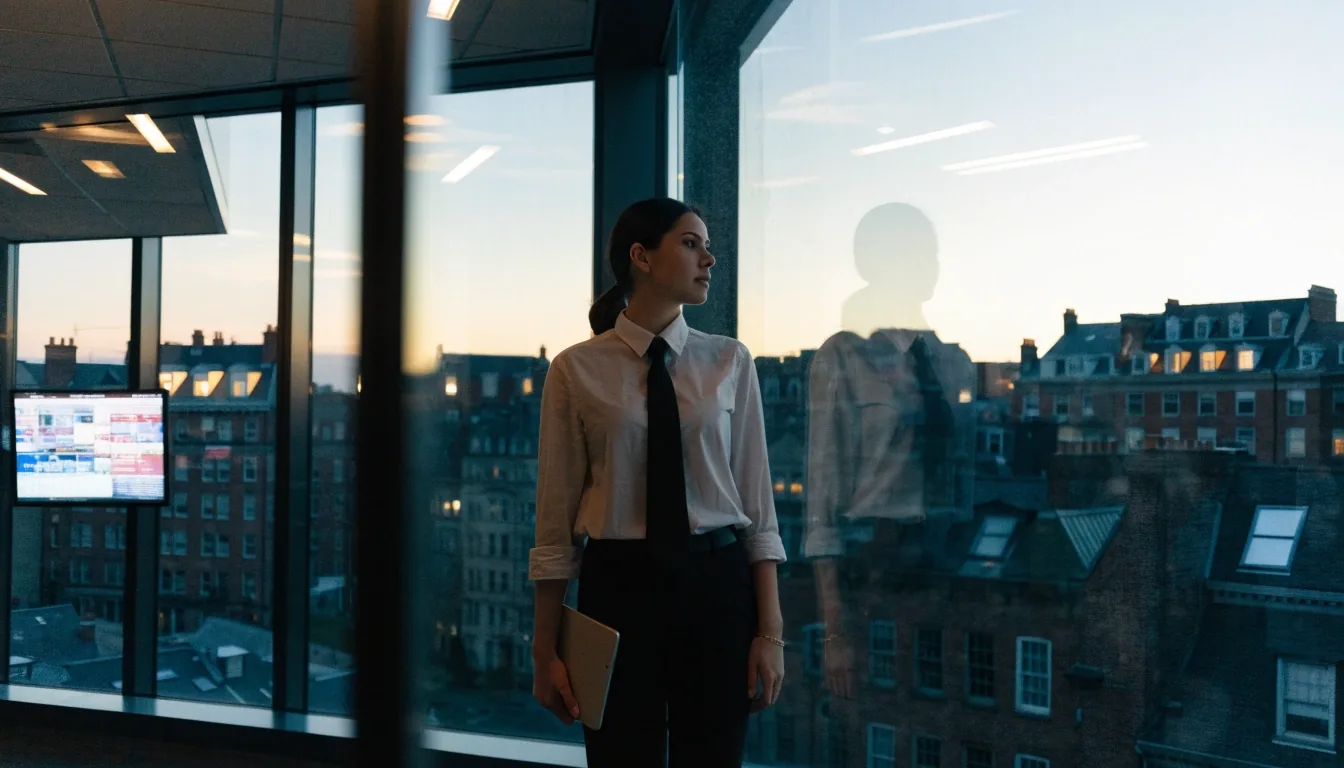 Consultant reviewing aggregate site analytics beside a window