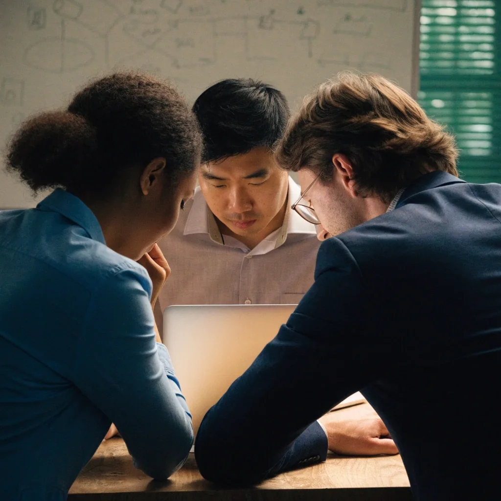 A consultant working alongside in-house engineers during a handoff session