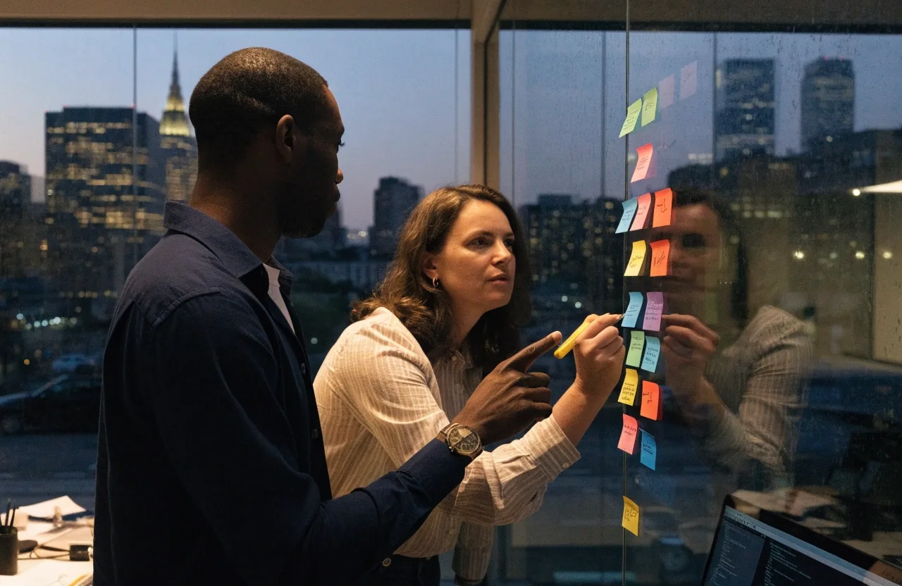 An engineering lead and a product designer mapping a software product plan on a glass wall in the studio