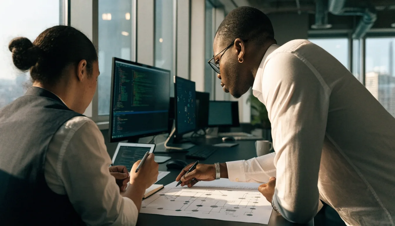 Two engineers reviewing a printed system diagram during a technical discovery session
