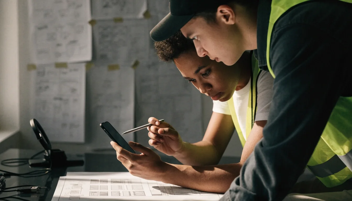 Designer and mobile engineer reviewing a phone screen together on a sofa, printed screen drafts taped to the wall behind them