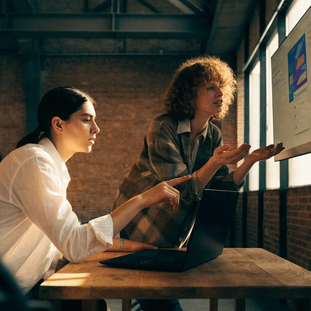 Engineer working through a web application at a standing desk in a brick studio, screens softly out of focus