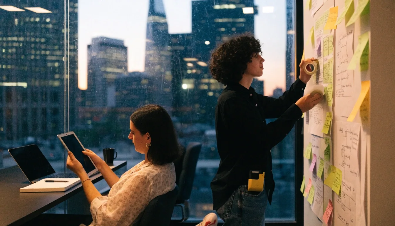 Product team reviewing printed user flows together around a work table in a Boston studio at dusk