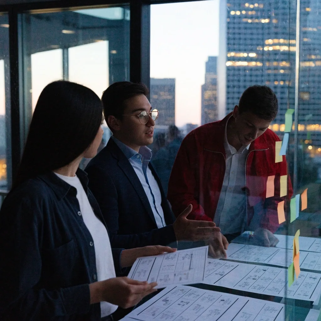 Engineers and a designer reviewing a product prototype together in a Boston studio