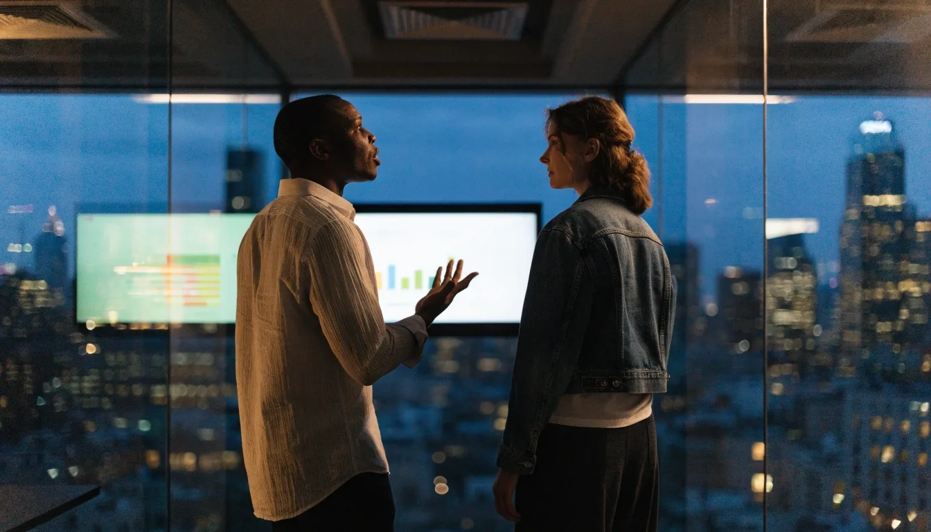 Team reviewing progress on a large monitor in a glass-walled meeting room at dusk