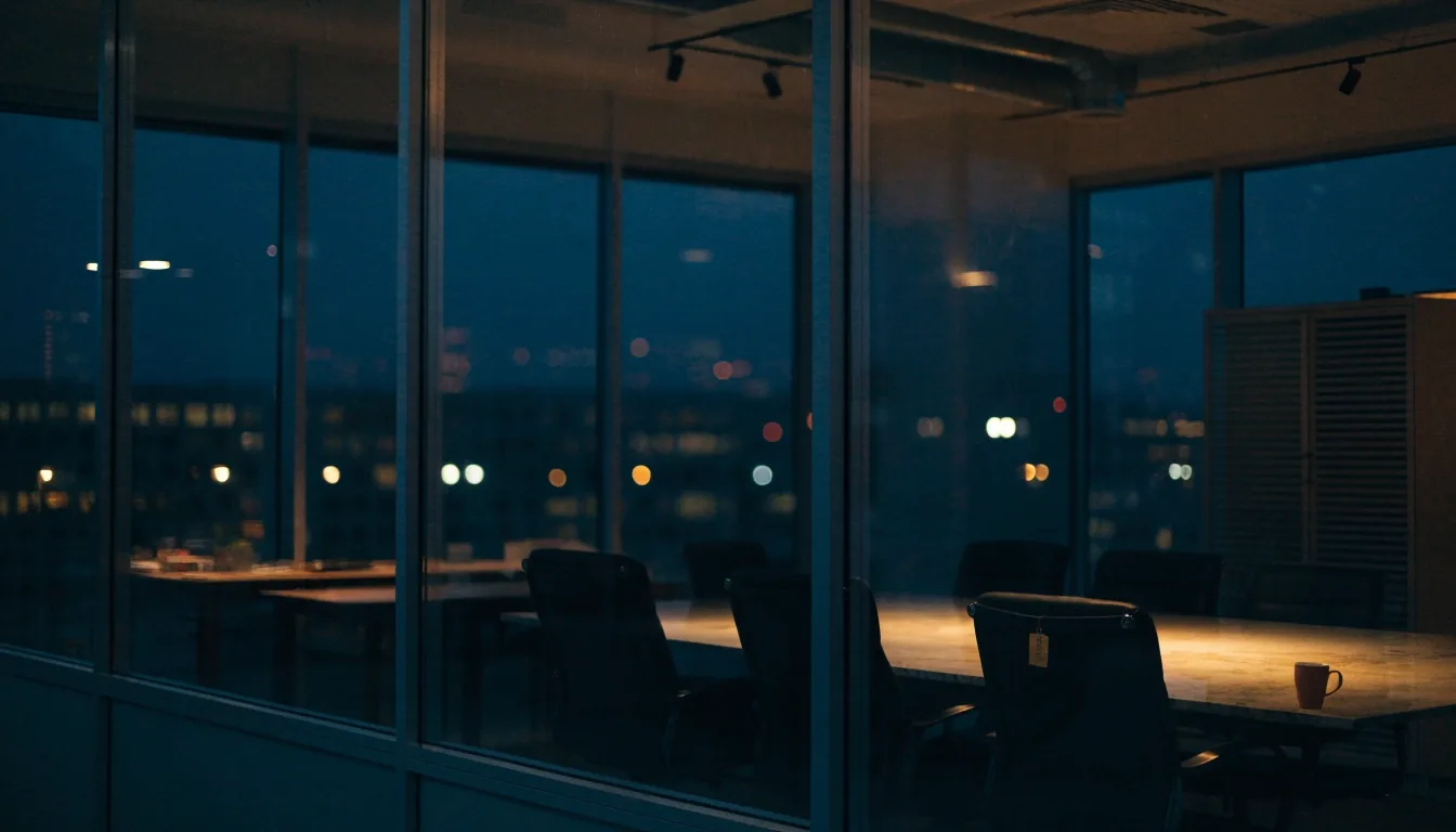 A quiet consultancy meeting room in Boston at dusk, with laptops and a whiteboard in soft focus