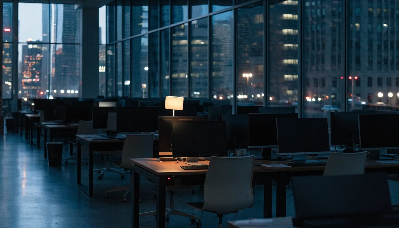An empty software studio floor in the evening, workstations dark and one floor lamp still lit