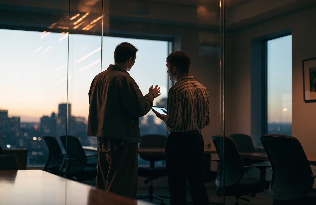 A quiet Boston office at dusk seen from a desk by the window