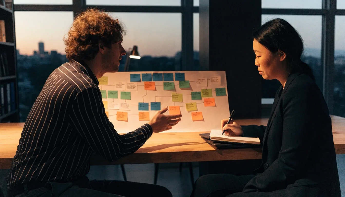 A consultancy team reviewing a project board together in a Boston office at dusk