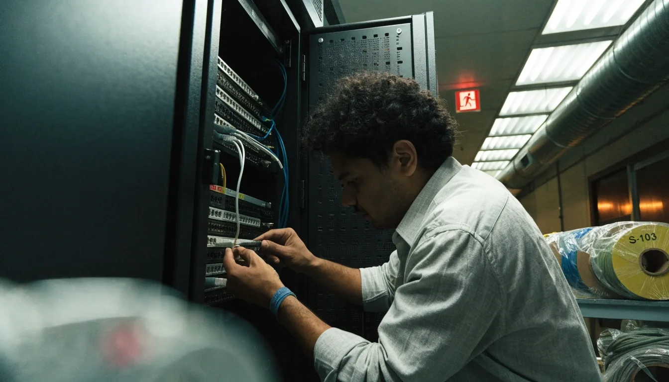 A technician working on cabling in an older office server room with cool ambient light