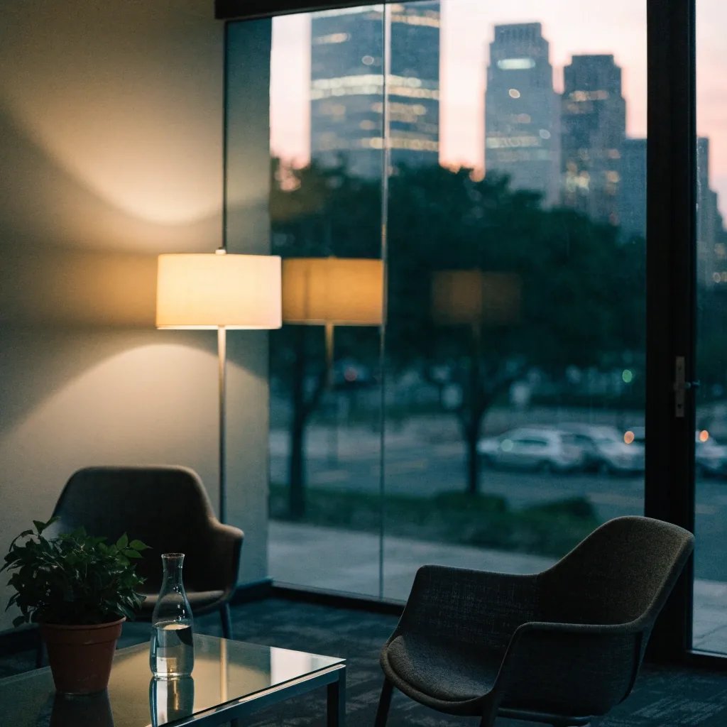 An empty Boston meeting room with city light through tall windows in late afternoon