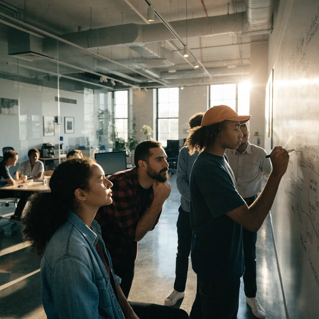 Product team reviewing an early build together at a worktable in a Boston studio